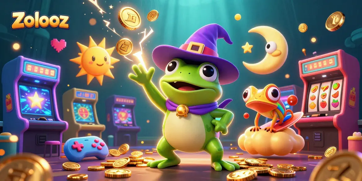 Zolooz features a vibrant scene with a wizard frog and chameleon amidst a storm of coins, enhancing online casino excitement.