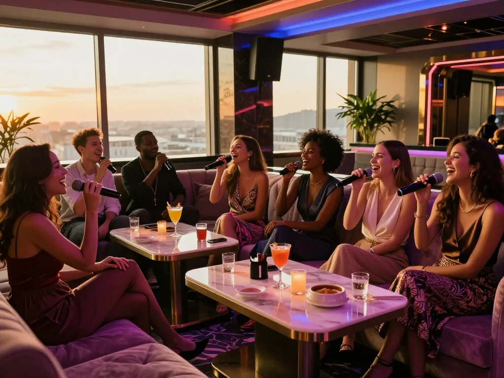 Enjoying a vibrant karaoke night at gangnamtune.com with stylish ambiance and lively atmosphere.