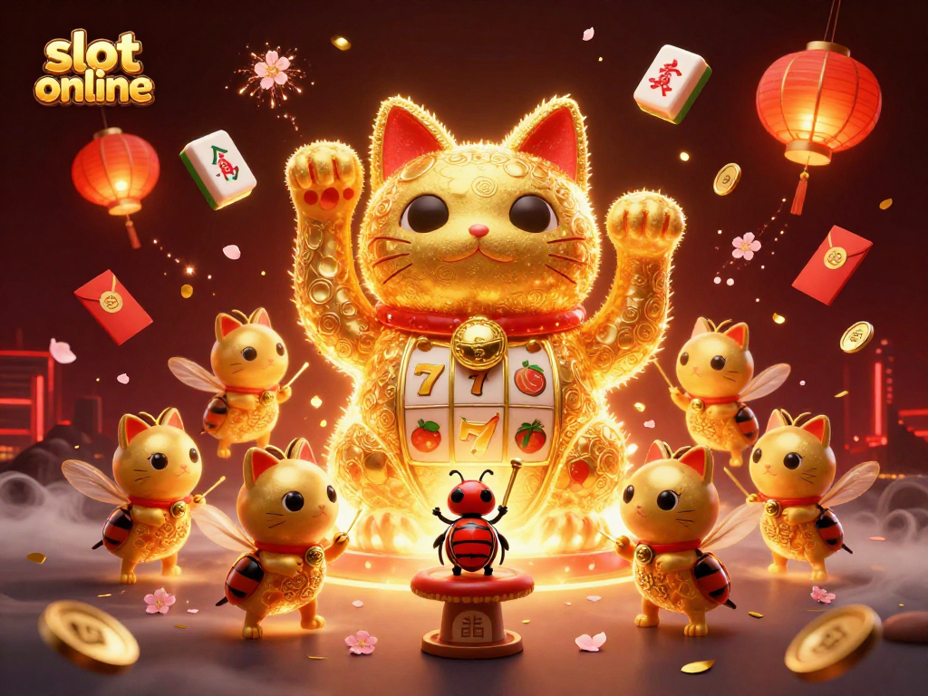 Engage in slot online adventures with a dynamic illustration featuring a lucky cat and vibrant casino elements.