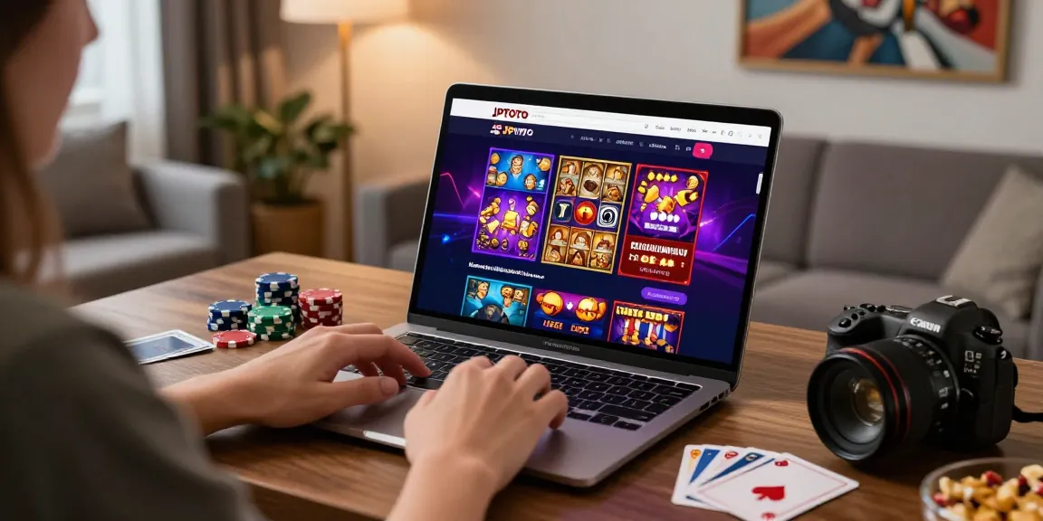 Dynamic online gaming experience with JPTOTO interface, vibrant slots and casino decor