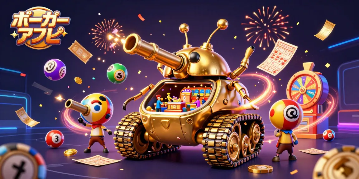 ポーカーアプリでバトルする3Dカートゥーンの金の甲虫戦車とミニカジノが描かれたイラスト