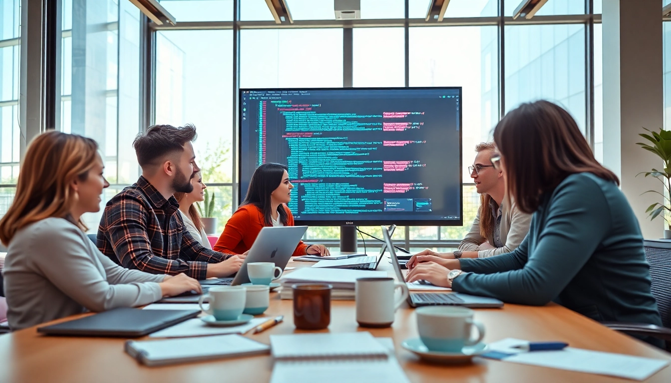 Web development company team collaborating in a modern workspace, showcasing innovation and teamwork.