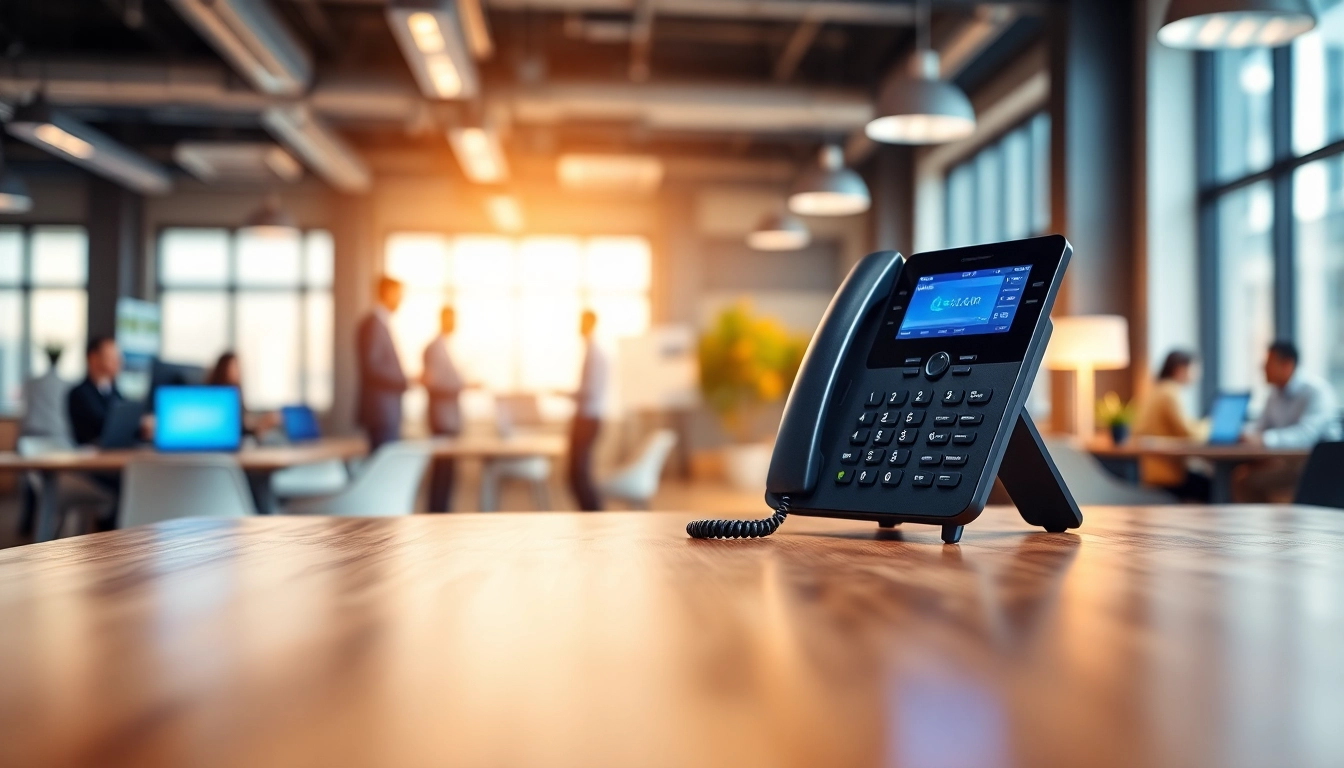 Showcasing business phone systems setup with sleek design and modern office ambiance.
