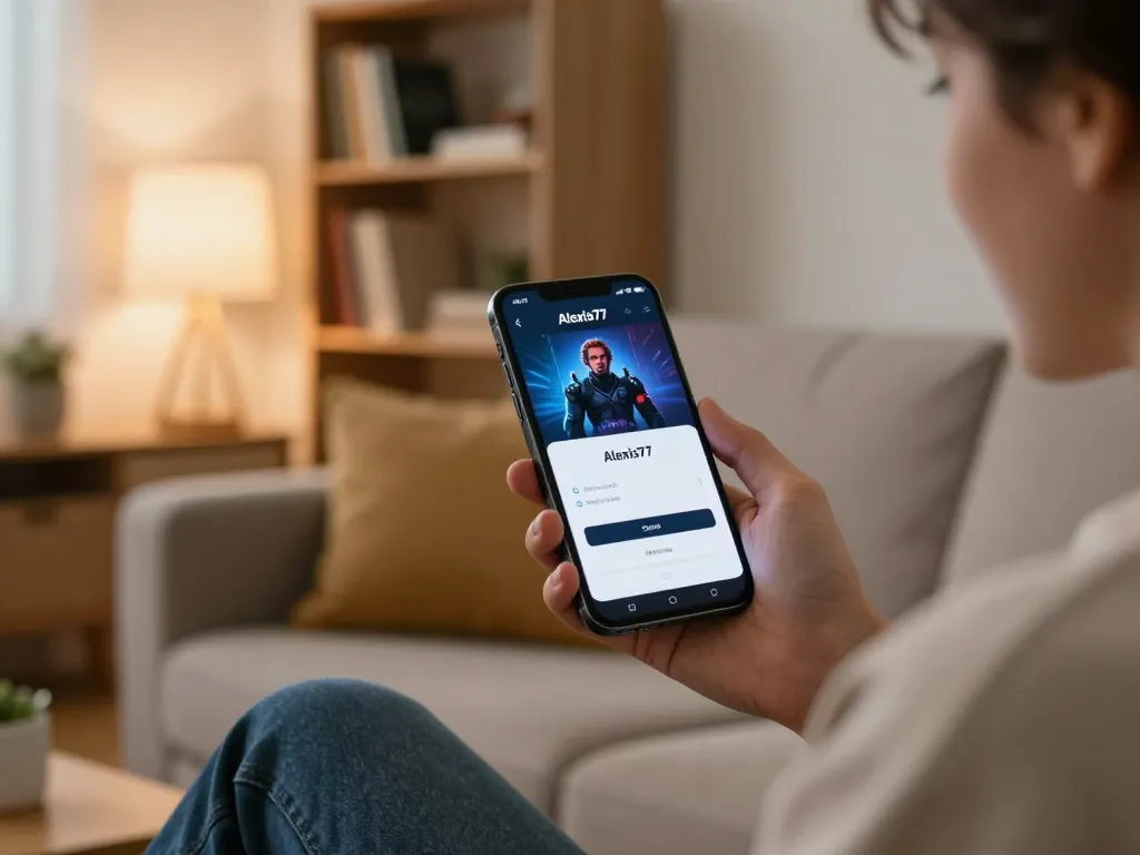 User logging into alexis77 login on smartphone in a cozy living room, highlighting interactive online gaming experience.
