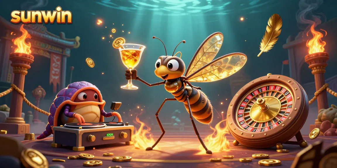 Experience the vibrant energy of sunwin with a dynamic 3D casino scene showcasing unique characters and golden elements.