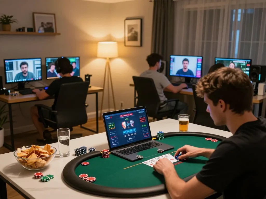 Engaged player using tg88's online casino platform for an intense poker game