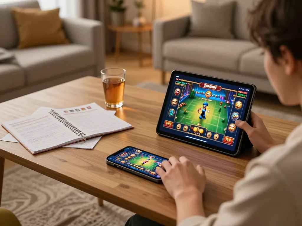 SUNWIN player strategically engaging with online slot games on tablet in a cozy home setting.