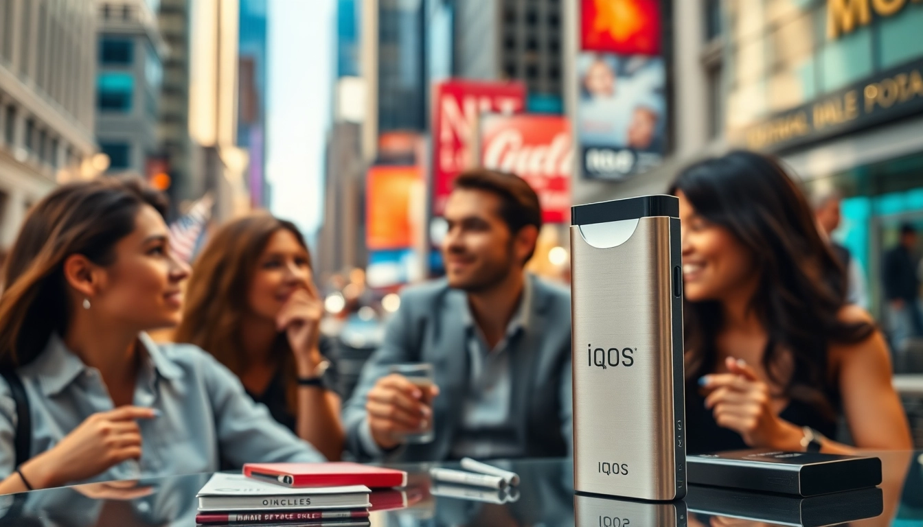 Experience IQOS in the USA with users enjoying heated tobacco devices in an urban setting.