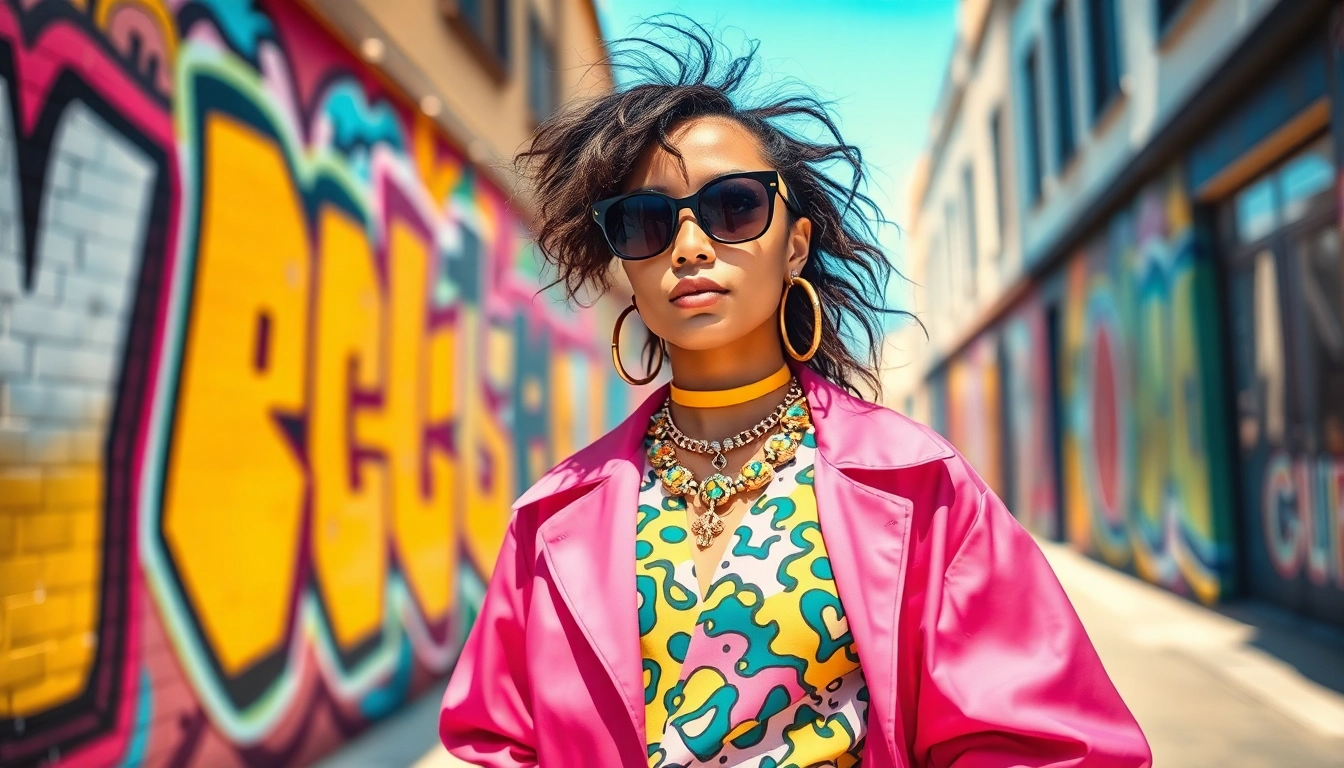 Fashion model demonstrating contemporary style in an energetic urban environment.