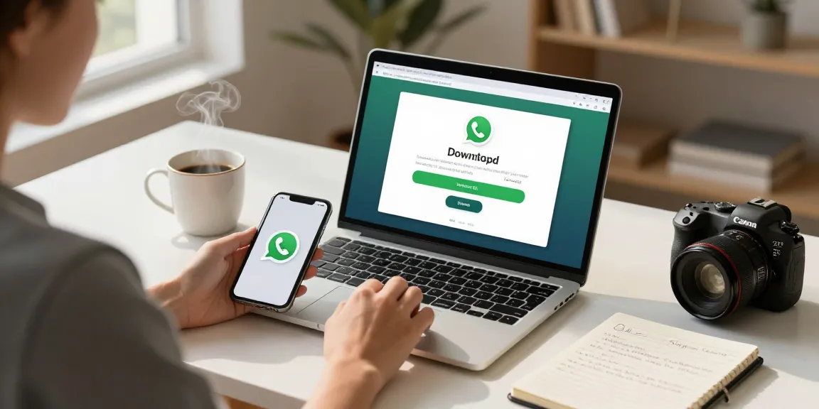 Effortlessly downloading WhatsApp下載 on a laptop in a modern home office