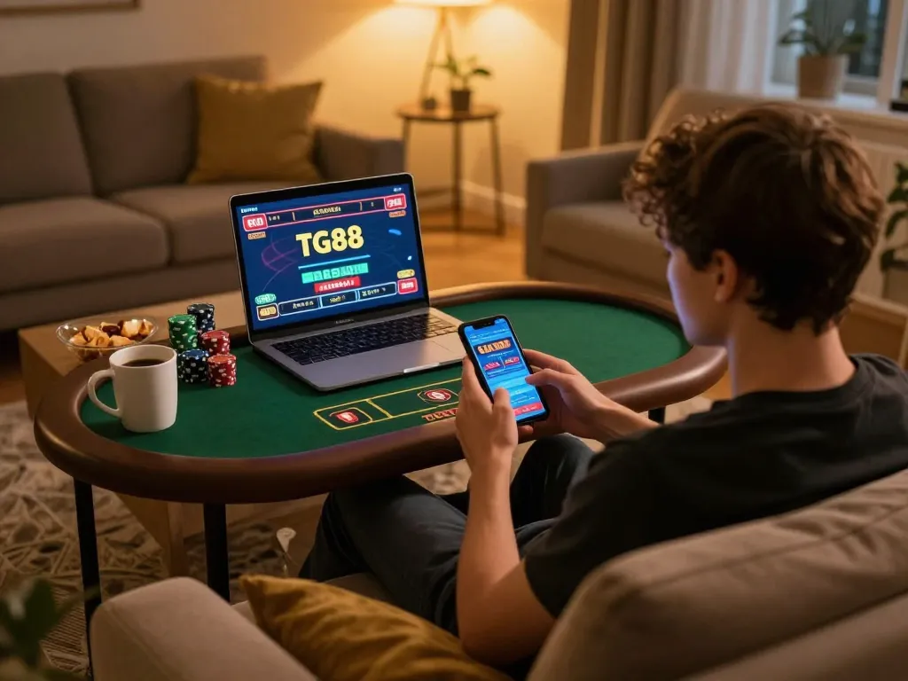 Player engaging with TG88 casino app on smartphone in cozy home gaming setup.