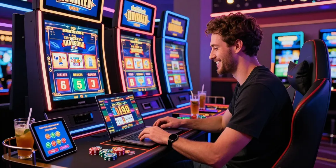 Player enjoying credit card casinos at a modern gaming desk with vibrant visuals, showcasing excitement and convenience.