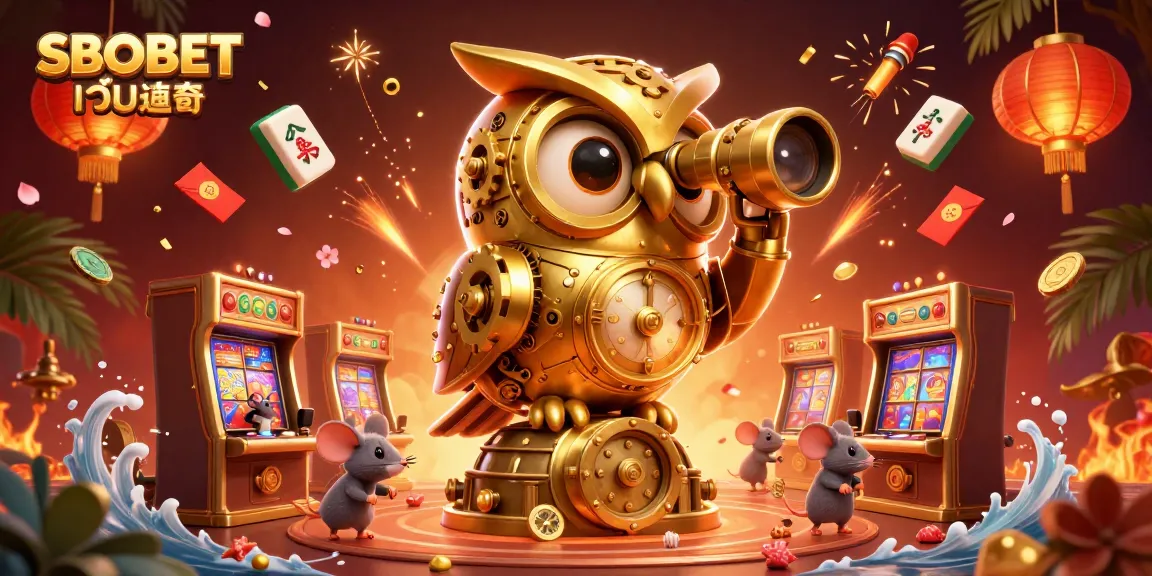 Experience the thrill of SBOBET เว็บตรง with a vibrant casino scene featuring a golden owl and festive elements.