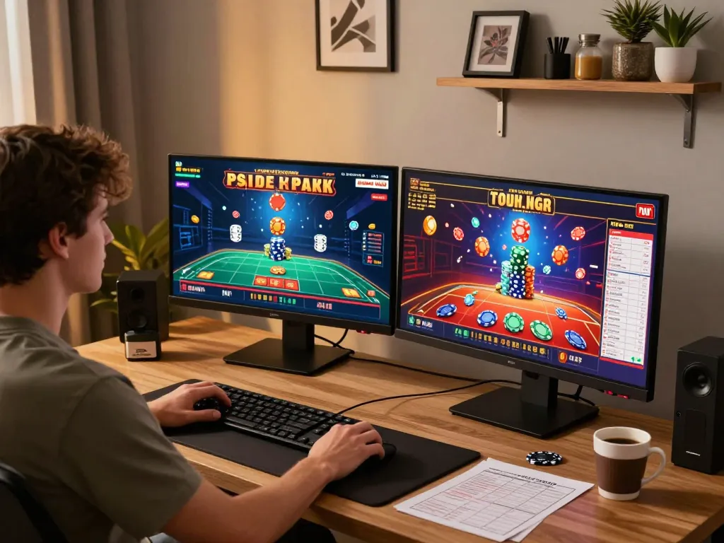 Engaged player using online casino app on tablet while managing c168 gambling strategy.