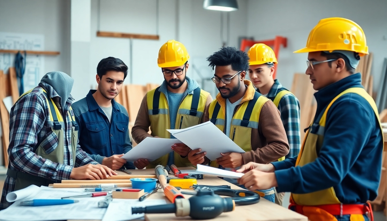 Engaged students in a construction apprenticeship program, learning skills in a workshop environment.