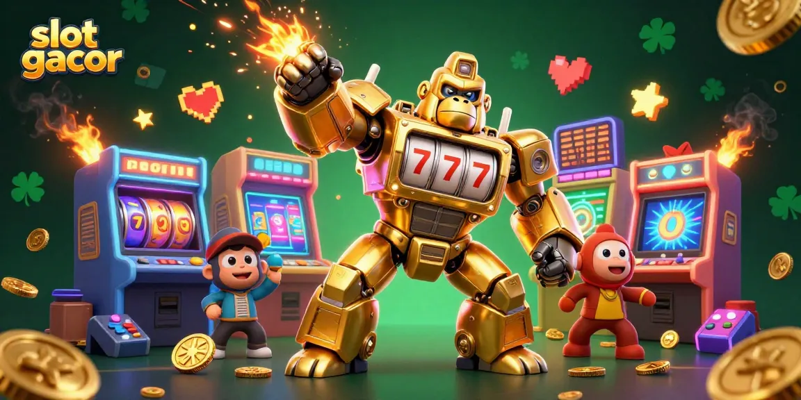 Experience thrilling slot gacor action with a golden gorilla mech bursting with excitement.