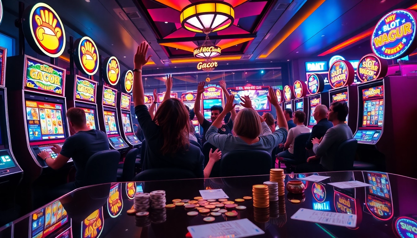Experience vibrant SLOT GACOR excitement with players winning at colorful slot machines.