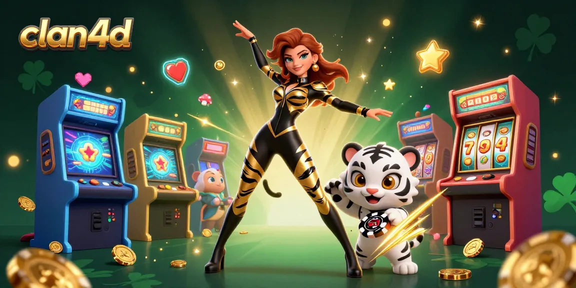 Engage with clan4d's vibrant casino scenes featuring a woman and a baby tiger amidst slot excitement.