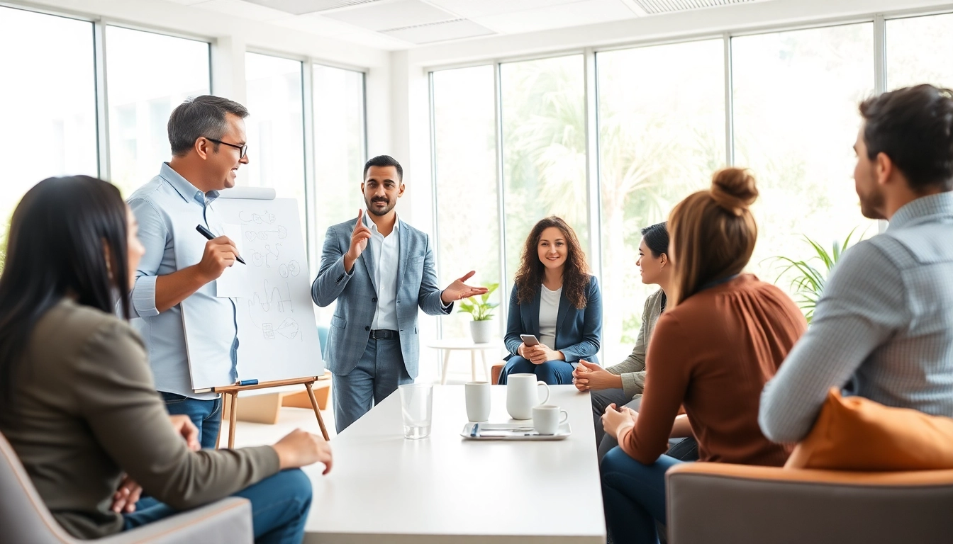 Connect with a professional business coach near me in a bright office, showing dynamic client engagement.