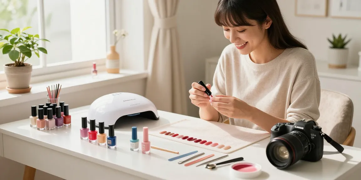 Femeie aplicând oja gel dintr-un kit manichiura acasa la o masă elegantă de toaletă, cu unelte profesionale pentru îngrijirea unghiilor.