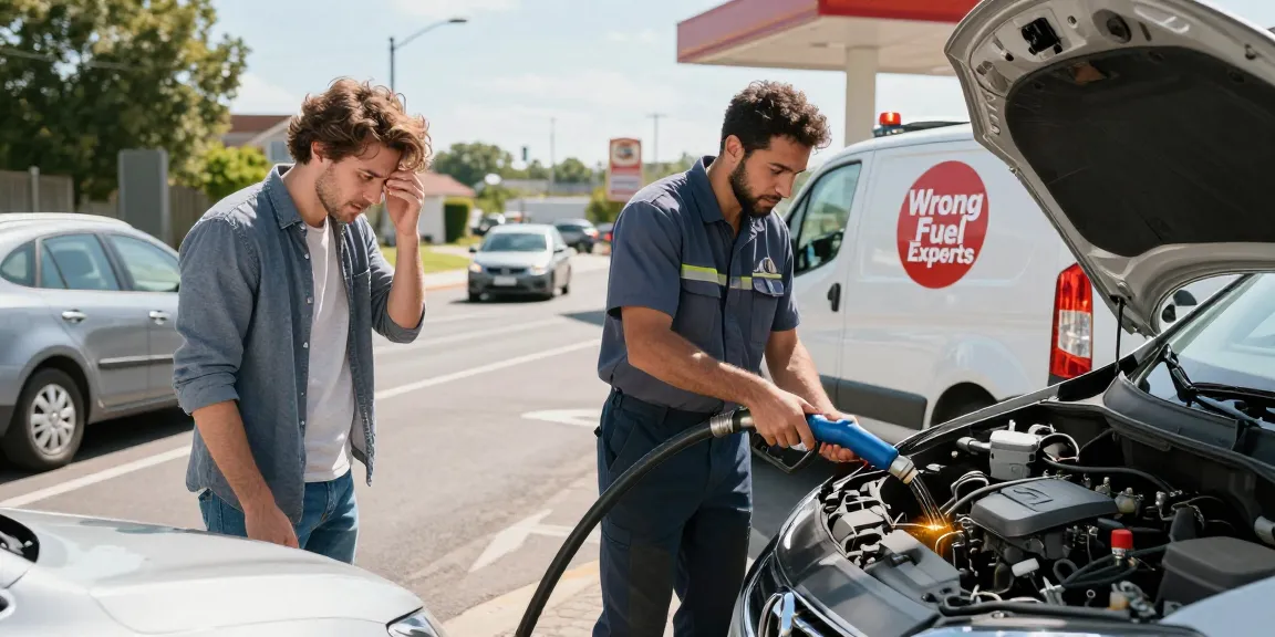 Technician draining wrong fuel in car at roadside services, helping vehicle owner in distress.