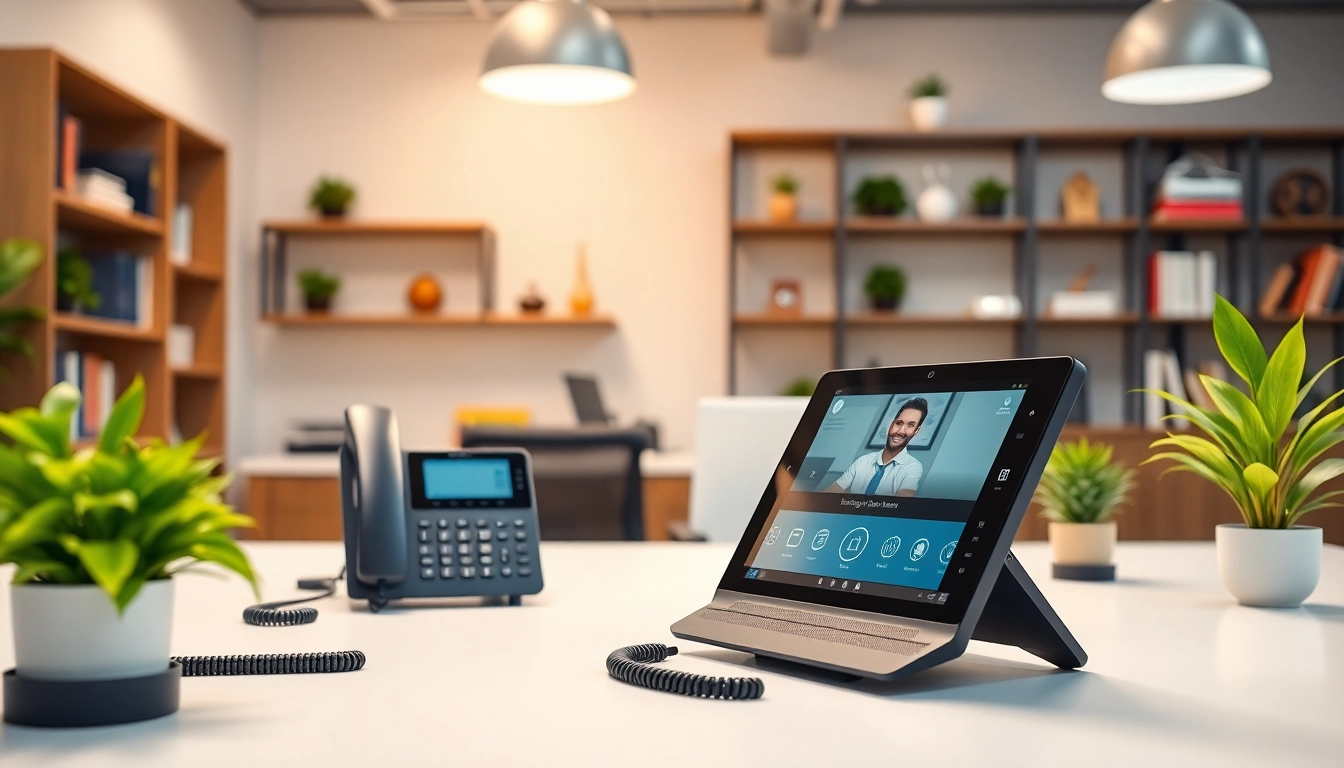 Business phone setup showcasing a modern office space with advanced technology at work.