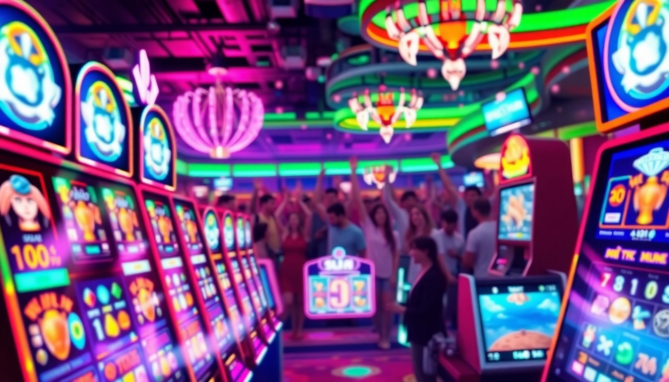 Memenangkan permainan ondel4d slot dengan mesin slot warna-warni dan suasana kasino yang meriah.