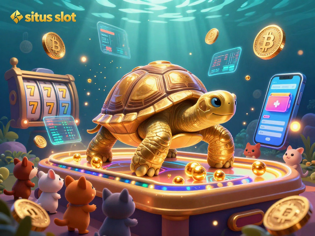 The dynamic scene showcases situs slot with a golden tortoise pinball machine, vibrant slot reels, and crypto coins.