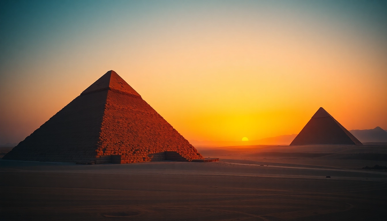 View the majestic Great Pyramids of Giza at sunset on https://piraminds.com/ with dramatic lighting.