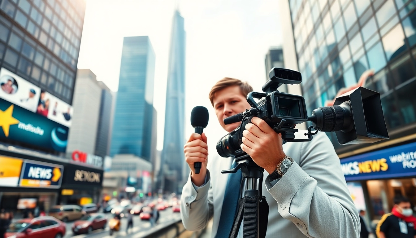 Engaging news reporter delivering the latest News in a vibrant urban environment.