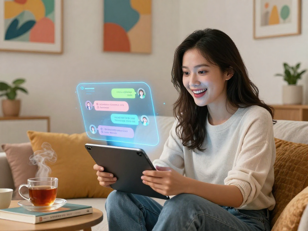 Engaging interaction with a lifelike girlfriend AI in a cozy living room, showcasing emotional connection and modern technology.