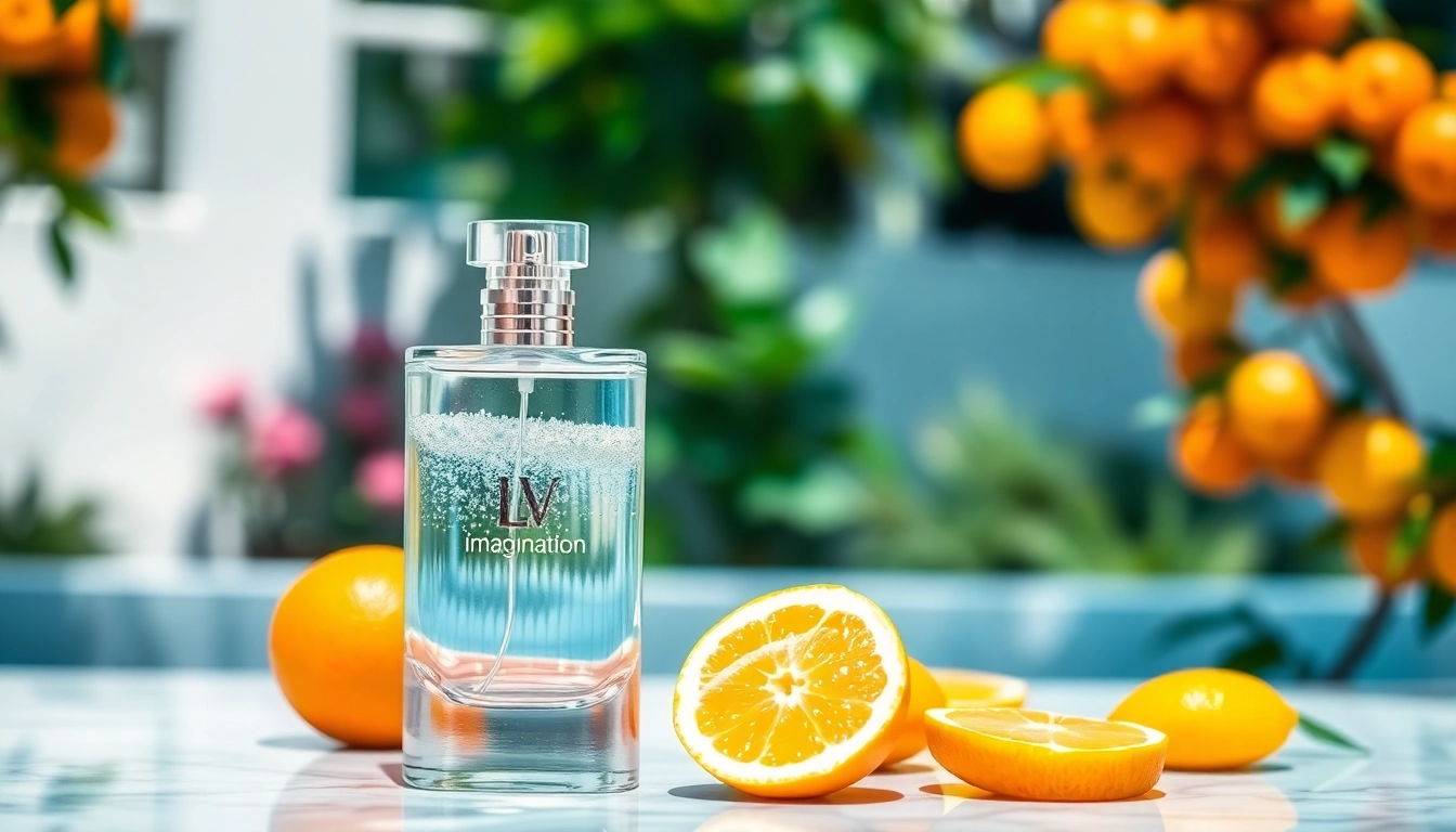 Captivating Lv imagination fragrance bottle elegantly displayed with fresh citrus fruits.