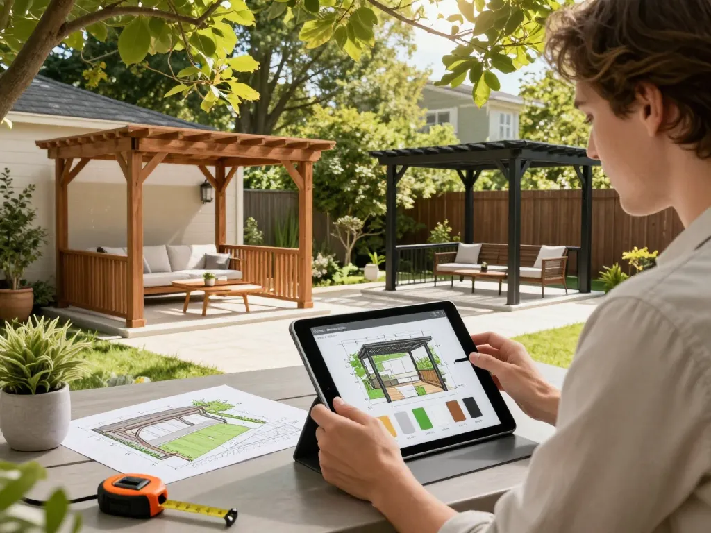 Using a 3D pergola configurator in a sunlit backyard to select custom outdoor structures.