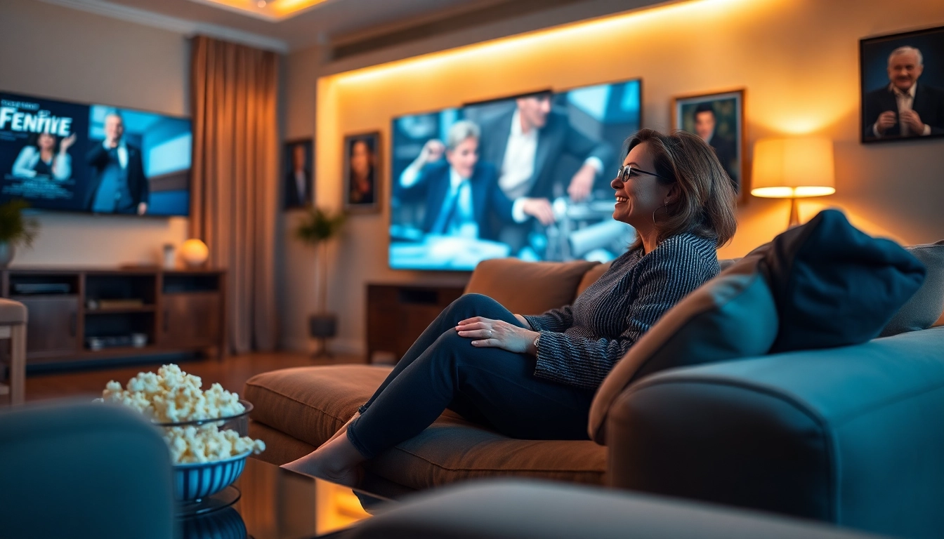 Enjoying movies online in a cozy living room setting with popcorn and mood lighting.