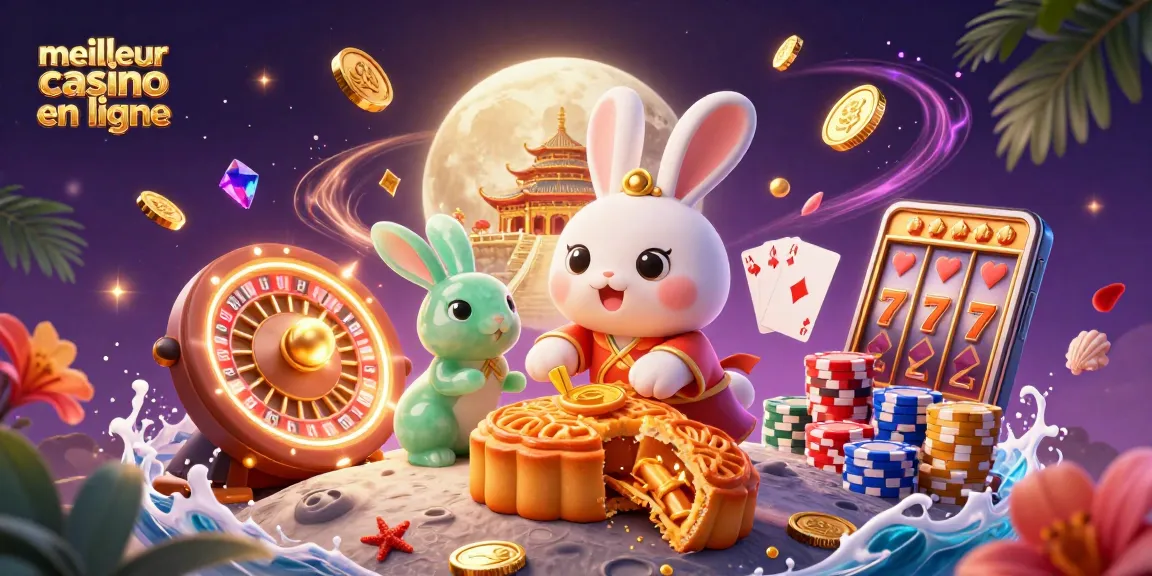 Meilleur casino en ligne : illustration colorée de jeux avec un lapin lunaire et des éléments de casino.