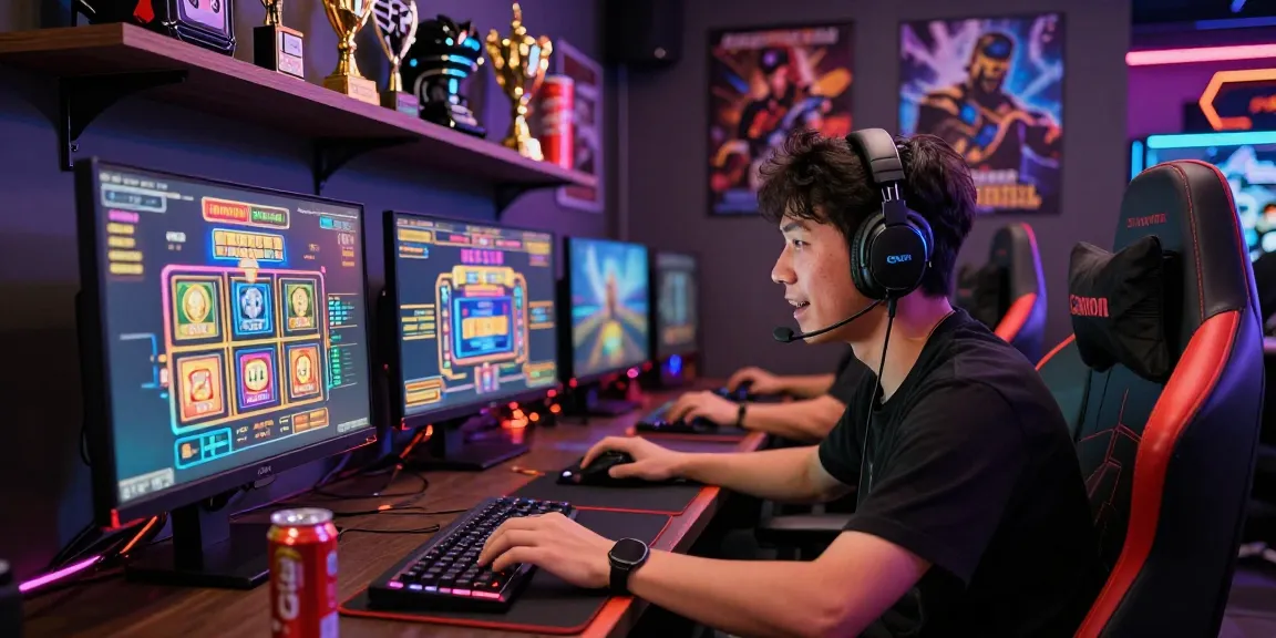 Gamer immersed in ZEUS222 online casino environment, surrounded by vibrant graphics and gaming equipment.