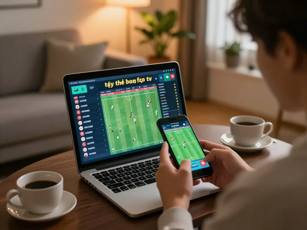 Tỷ lệ bóng đá tv displayed on smartphone, enhancing the online gambling experience at home during relaxed gaming session