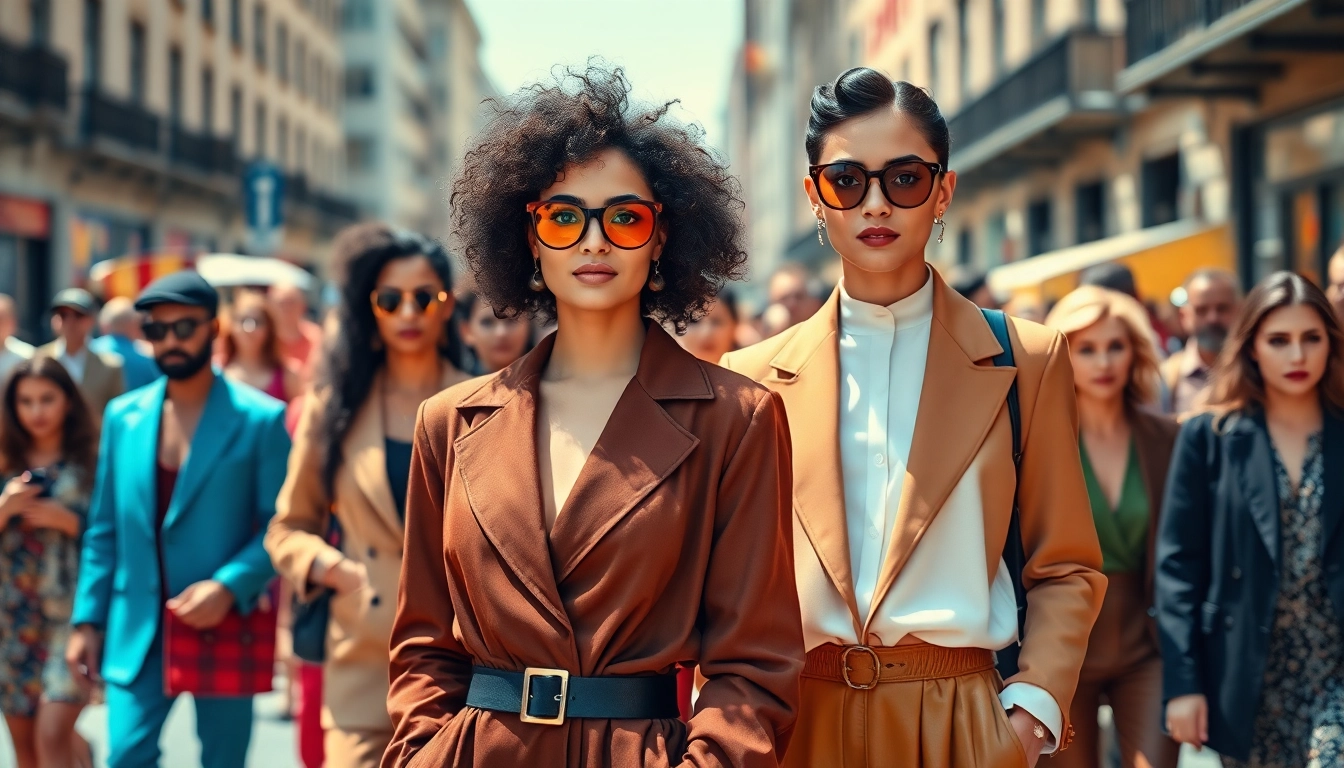 Fashion model in a chic outfit against a bustling city backdrop, showcasing vibrant style.