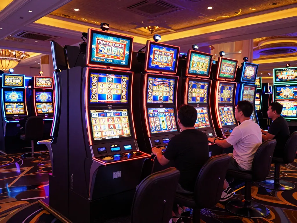Excited players spin slot 777 machines in a vibrant Las Vegas casino