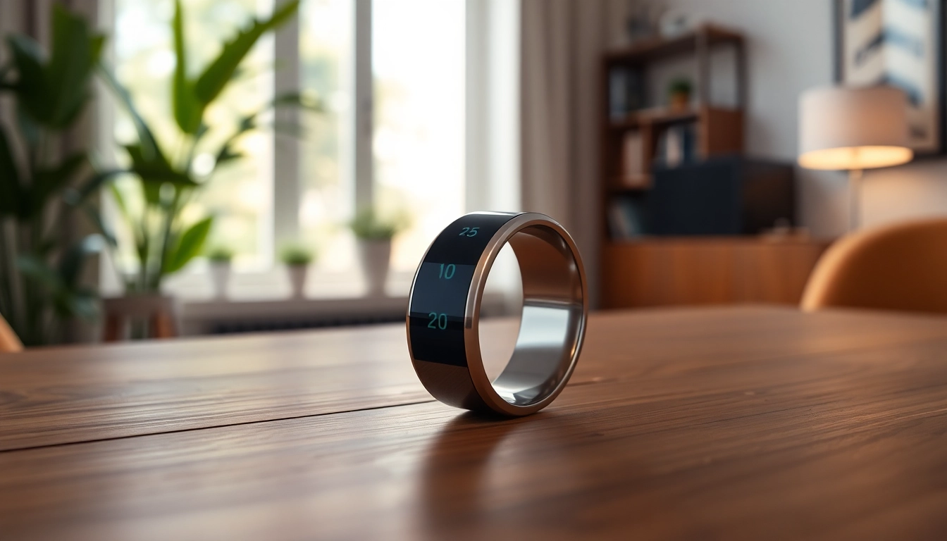 Display of a stylish Health Ring tracking fitness metrics on a wooden table.
