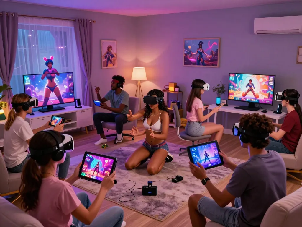 Engaging scene from a sex simulator showing diverse characters in intimate virtual interactions.