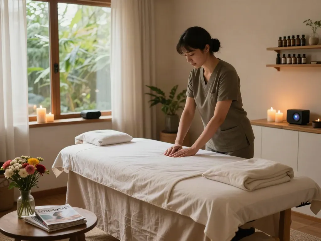 Relaxing atmosphere for 모란출장마사지 therapy session with candles and essential oils.