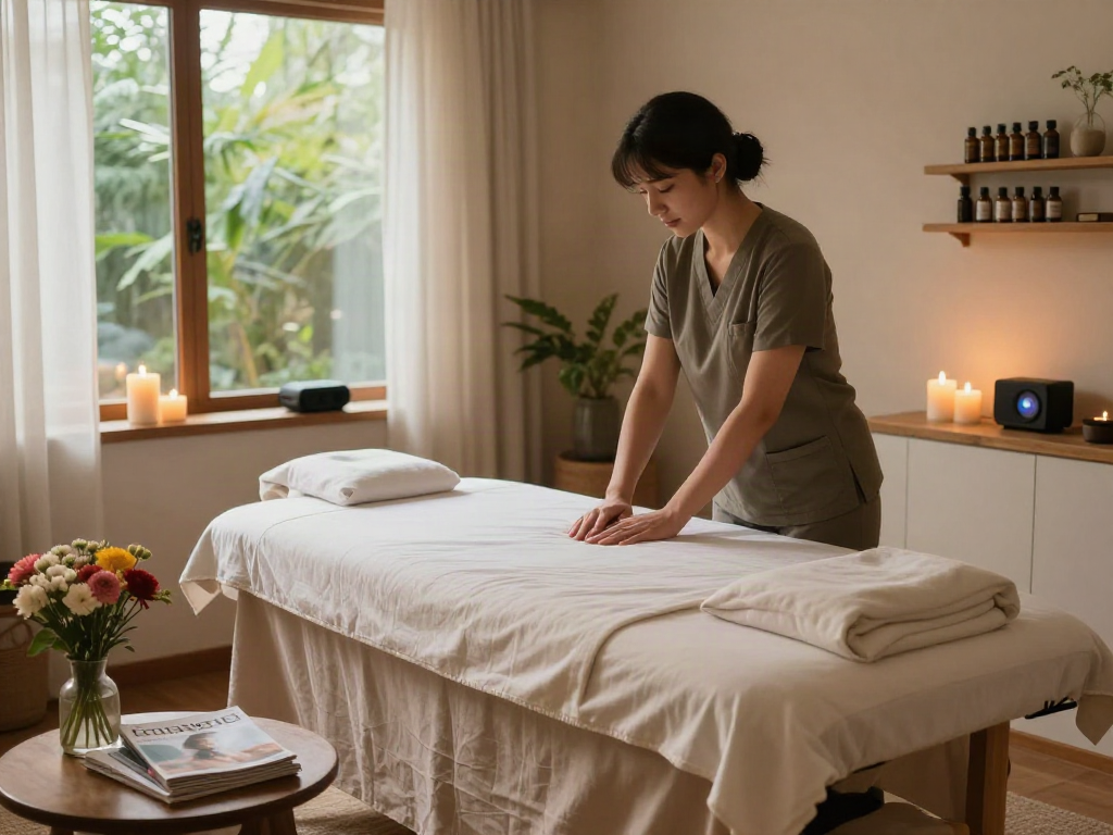 Relaxing atmosphere for 모란출장마사지 therapy session with candles and essential oils.