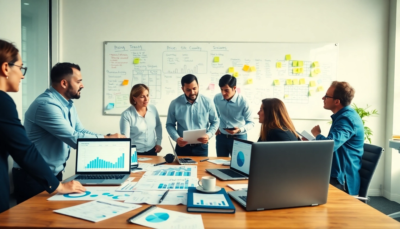 Team analyzing competitor pricing strategies in a modern office setting focused on data and collaboration.