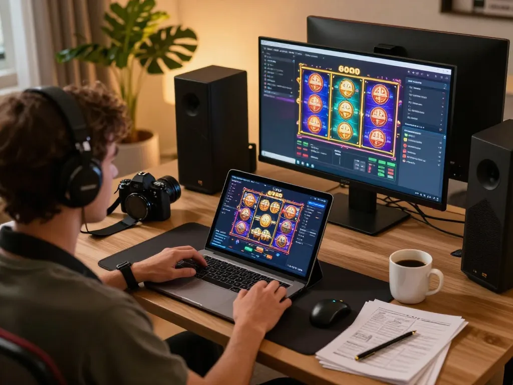 Player engaging with slot6000 on a laptop, showcasing vibrant graphics and responsible gaming environment.