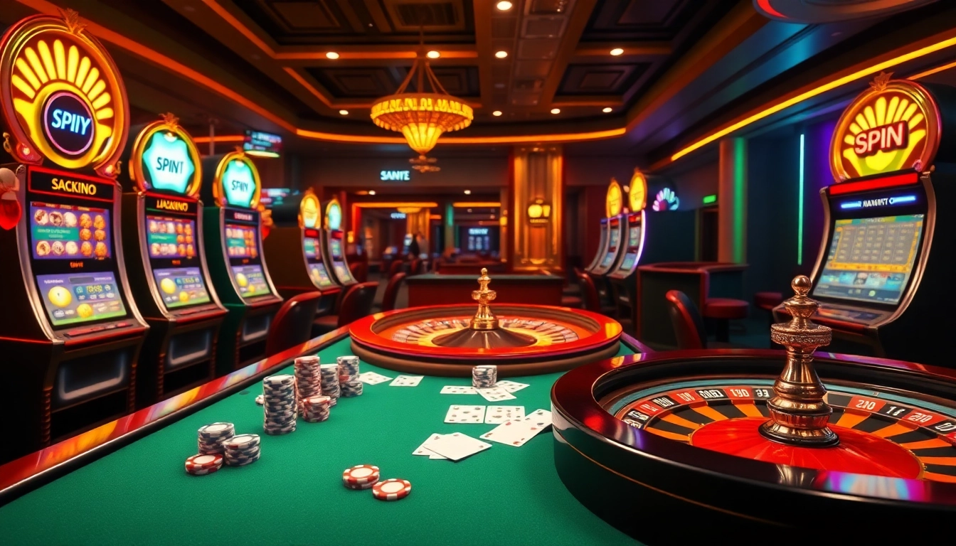 MANA777 online gaming scene showcasing an exciting poker table with chips and vibrant slot machines.