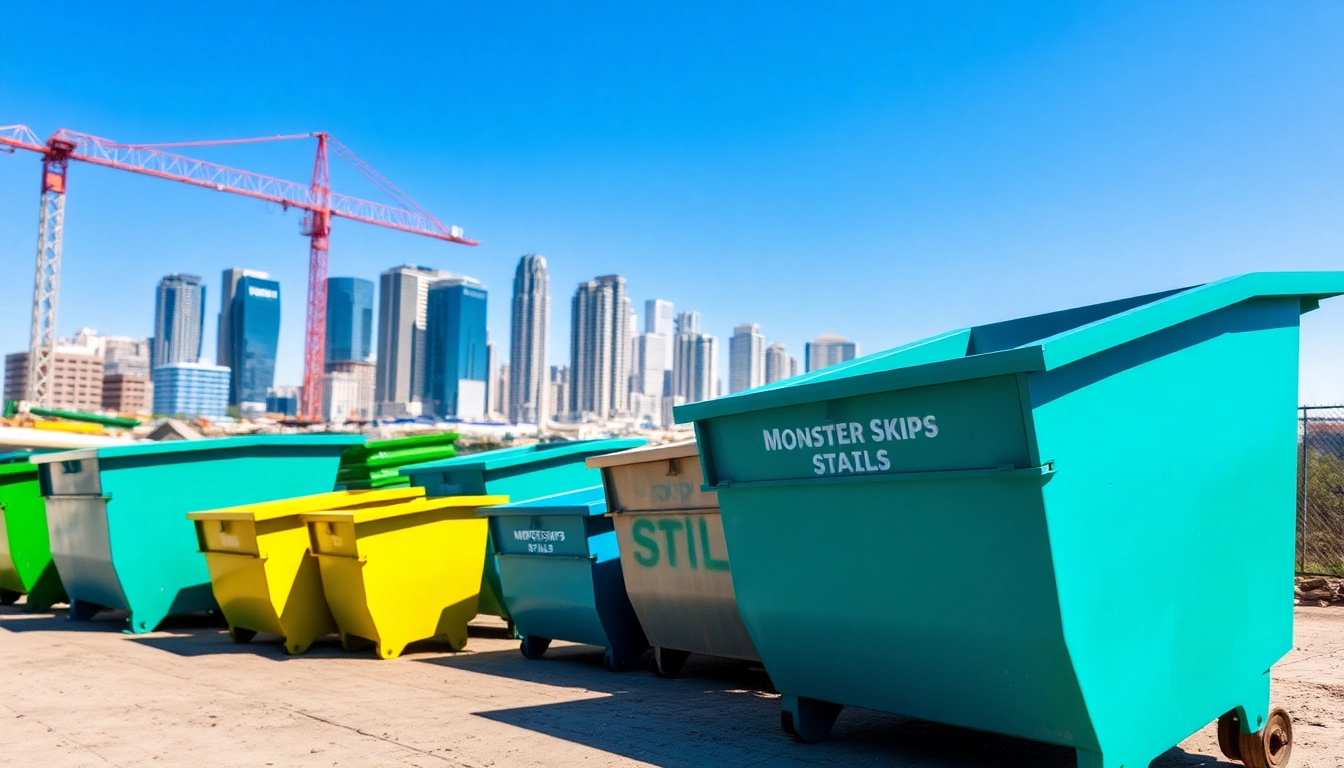 Monster Skips featured prominently at a construction site, showcasing various sizes for effective waste management.