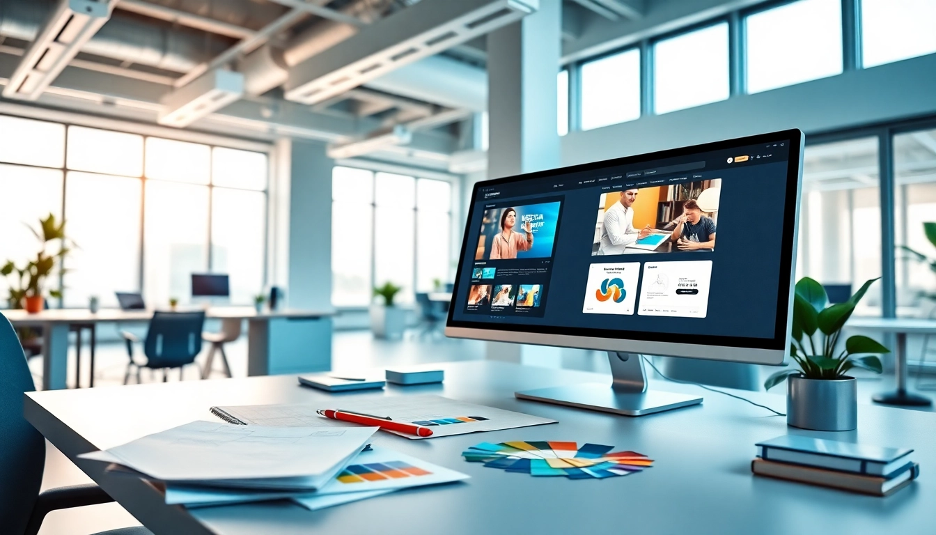 Webdesign Agentur mit modernem Arbeitsplatz und kreativen Entwürfen im Hintergrund.