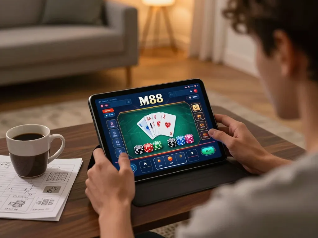 Engaged player using tablet for online gambling at https://www.mnm88.com/, surrounded by strategy notes.