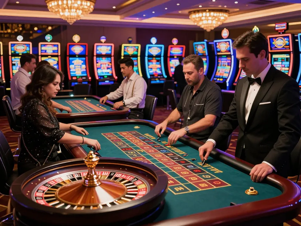 Experience excitement at okwin casino with players enjoying various games and luxury ambiance.